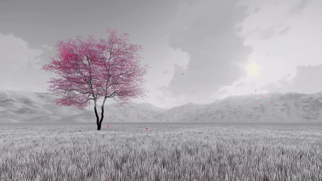 Black and white fantasy spring scenery with single pink blooming sakura cherry tree and flower petals falling in slow motion against hazy mountains background. 3D animation rendered in 4K