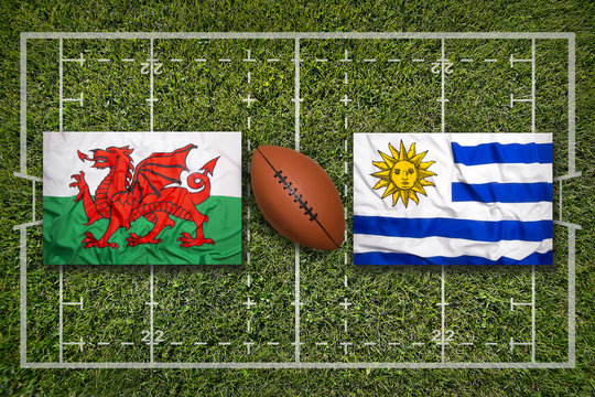 Wales vs. Uruguay flags on rugby field - Powered by Adobe