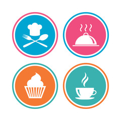 Food icons. Muffin cupcake symbol. Fork, spoon.