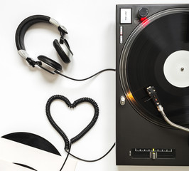 Love Music Concept, Turntable with Headphones and Cord Shaped of Heart, Top View