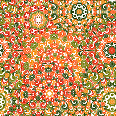 Seamless colorful ethnic pattern with mandalas in oriental style. Round doilies with green, red and orange curls and swirls weaving in arabesque traditional lace ornament. Vector illustration.