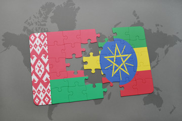 Fototapeta na wymiar puzzle with the national flag of belarus and ethiopia on a world map