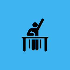 Sitting student with raised arm icon. flat design