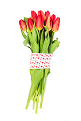 Bouquet of red tulips decorated with ribbon,  isolated over white background. Valentines Day concept 