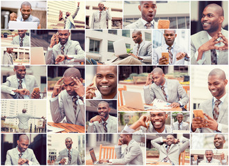 Collage of busy multitasking business man in urban setting