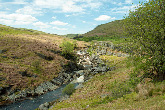 Mountain stream waterfall in the Elan valley of Wales.