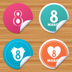 8 March Women's Day icons. Flower, heart symbols.