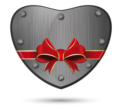 Iron heart. Metal heart tied with red ribbon. Vector illustration