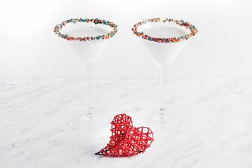 White milk cocktail, close-up. Decorated with heart. Saint valentine's day.