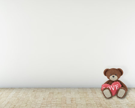 bear siting on the floor with heart-shaped pillow. 3d render