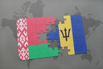 puzzle with the national flag of belarus and barbados on a world map