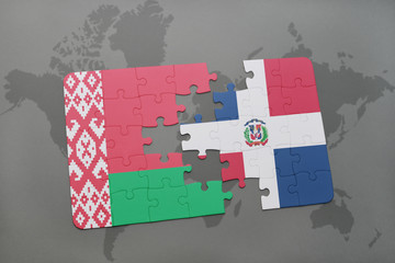 Fototapeta na wymiar puzzle with the national flag of belarus and dominican republic on a world map