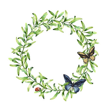 Watercolor wreath with spring herbs, butterfly and ladybug. Hand painted floral border isolated on white background. Botanical illustration with green branches and insects for design, print or fabric.