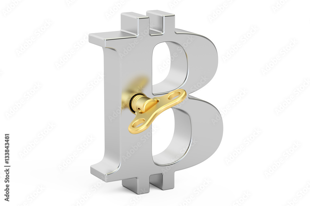 Poster silver bitcoin symbol with wind-up key, 3d rendering