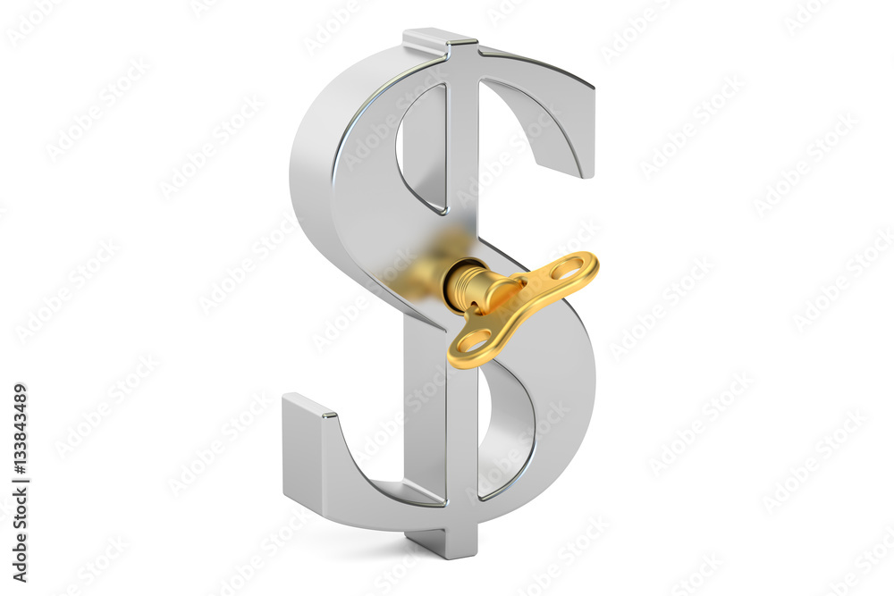 Poster silver dollar symbol with wind-up key, 3d rendering