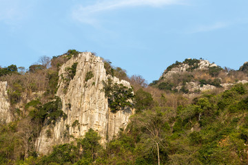 Fototapeta na wymiar Mountain rock cliff with timber.