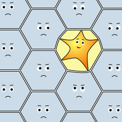 Funny star character deforms border of a cell in the middle of ordinary hexagons group