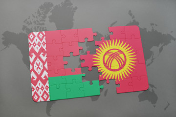 puzzle with the national flag of belarus and kyrgyzstan on a world map