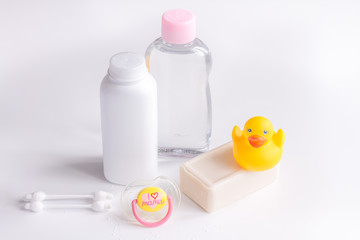 baby organic cosmetic for bath on white bakground