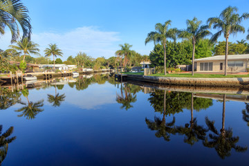 Fototapeta na wymiar Good morning Florida, an idyllic place, water, palms und blue sky.