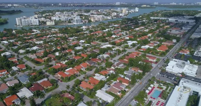 Aerial video of a residential neighborhood in Surfside Florida