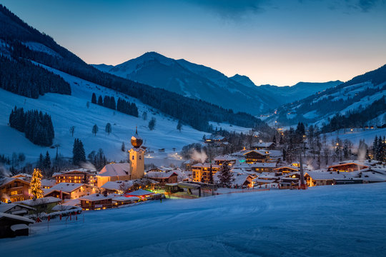 View Over Saalbach Mountain Village At Night, Salzburg, Austria