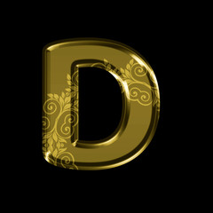Golden letter D with floral ornament.Isolated on black.