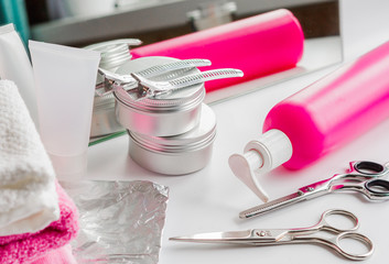 hairdresser working desk preparation for cutting hair