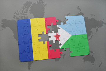 puzzle with the national flag of romania and djibouti on a world map