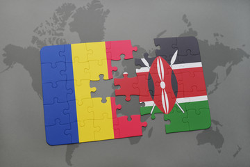 puzzle with the national flag of romania and kenya on a world map