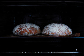 Two freshly baked bread loafs still in the oven