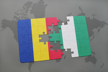 puzzle with the national flag of romania and nigeria on a world map