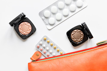concept of female contraception and healthcare on white background