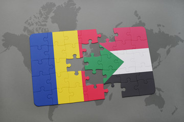 puzzle with the national flag of romania and sudan on a world map