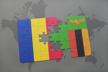 puzzle with the national flag of romania and zambia on a world map