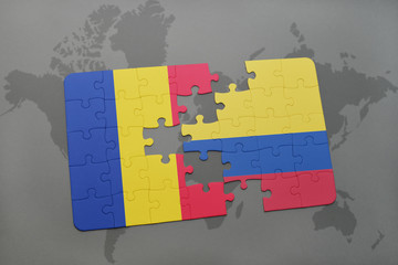 puzzle with the national flag of romania and colombia on a world map