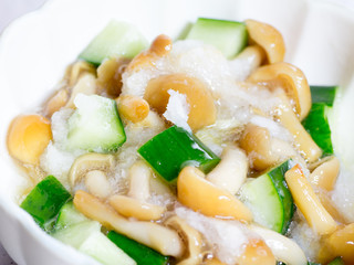 Japanese cuisine, slimy nameko mushroom and cucumbers salad