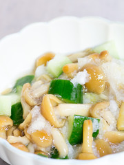 Japanese cuisine, slimy nameko mushroom and cucumbers salad