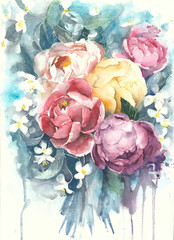 Flowers bouquet illustration watercolor painting peonies greeting card - 133851206