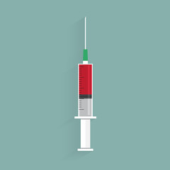 Vector syringe icon for injection vaccine with red blood liquid isolated on green background
