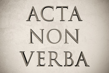 Latin quote "Acta non verba" on stone background, 3d illustration - meaning "Actions, not words"