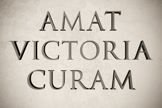 Latin quote "Amat victoria curam" on stone background, 3d illustration - meaning "Victory loves diligence"