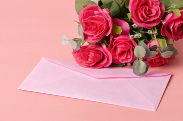 Pink envelope and red roses,wedding invitation card,Valentine day
