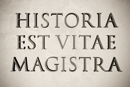Latin quote "Historia est vitae magistra" on stone background, 3d illustration - meaning "History is the teacher of life"