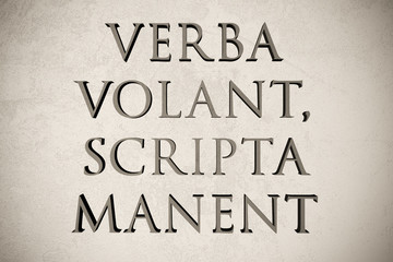 Latin quote "Verba volant, scripta manent" on stone background, 3d illustration - meaning "Words fly, writings remain"