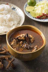 Rice noodles with spicy pork sauce (Nam ngiao), A food of Northern of Thailand.