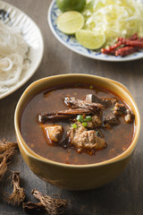Rice noodles with spicy pork sauce (Nam ngiao), A food of Northern of Thailand.