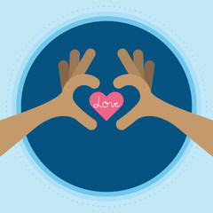 Creative hand and heart shape symbol on blue background.