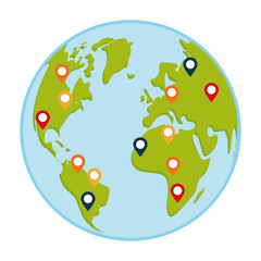 earth planet with location pins over white background. colorful design. vector illustration