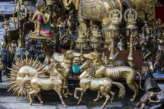 Metallic souvenirs at market in Kathmandu, Nepal